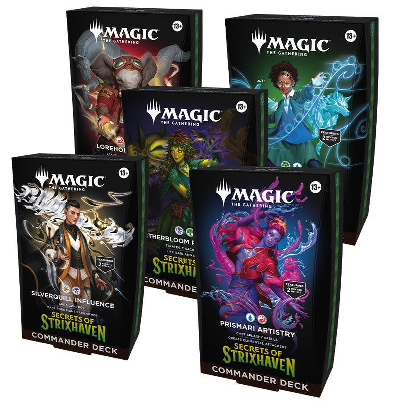 Five Magic: The Gathering Strixhaven Commander decks arranged in a group.