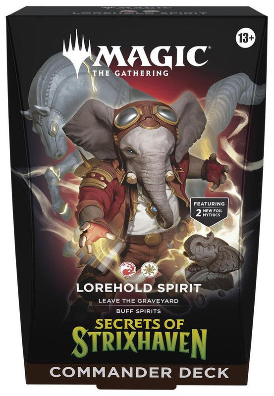 The Magic the Gathering Lorehold Spirit Commander deck box features an elephant archaeologist.