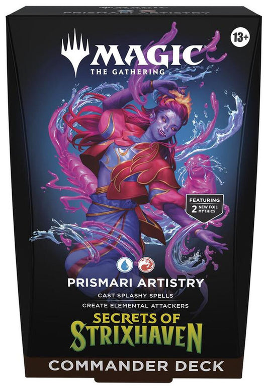 The Magic the Gathering Prismari Artistry Commander deck box features a blue and red color theme.