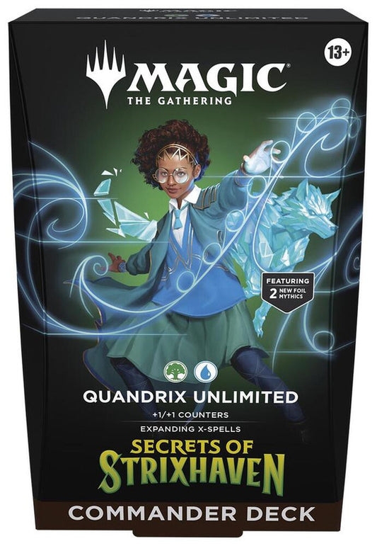 A Magic the Gathering Quandrix Unlimited Commander deck box featuring a student and a wolf spirit.