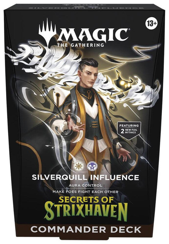 The Magic The Gathering Silverquill Influence Commander deck box features a character illustration.