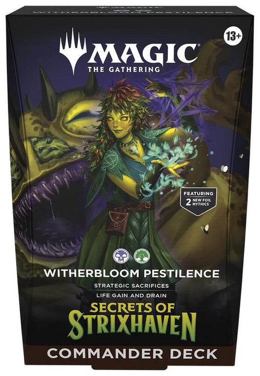 A Magic: The Gathering Witherbloom Pestilence Commander deck box featuring a green-clad mage.