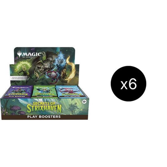 A case of six Magic the Gathering Secrets of Strixhaven play booster boxes.