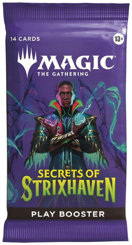 A Magic: The Gathering Secrets of Strixhaven play booster pack featuring a mage on the front.