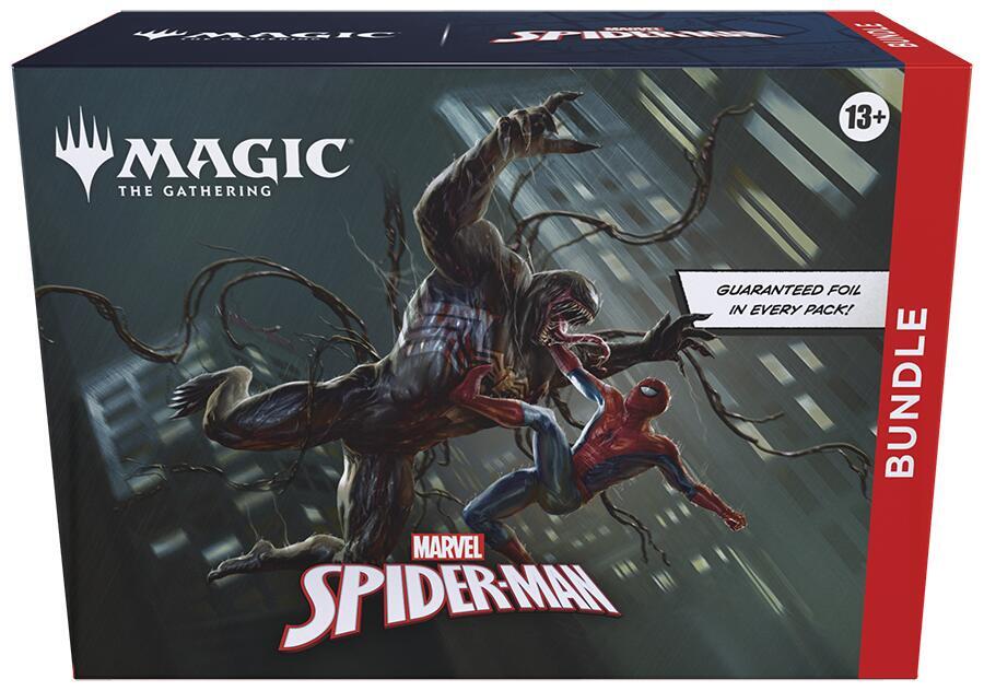 A Magic The Gathering Spider-Man bundle box featuring artwork of Spider-Man fighting Venom.