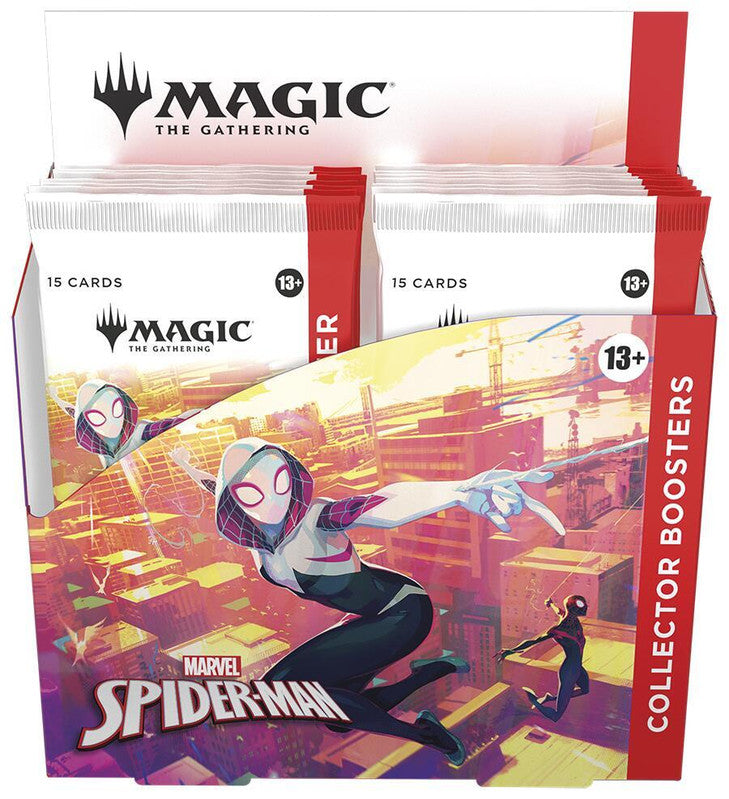A Magic The Gathering Spider-Man Collector Booster box featuring Spider-Gwen on the packaging.