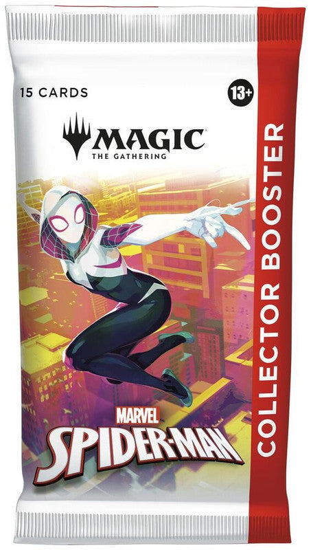 A Magic: The Gathering Spider-Man collector booster pack featuring Ghost-Spider on the front.