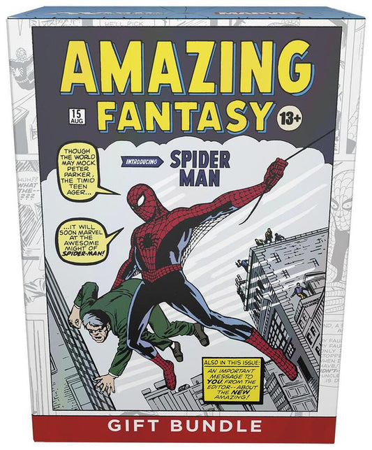 A Magic The Gathering gift bundle box featuring the iconic Amazing Fantasy 15 Spider-Man cover art.