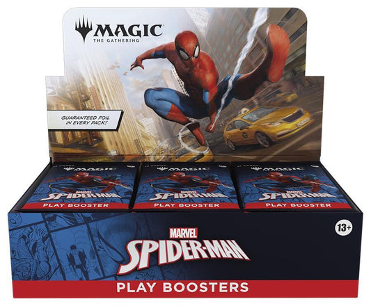 A Magic The Gathering Spider-Man play booster box featuring Spider-Man artwork.