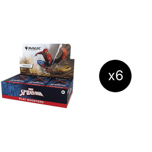 A case of six Magic The Gathering Spider-Man Play Booster boxes featuring Spider-Man artwork.