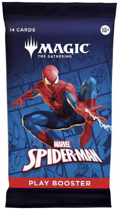 A Magic: The Gathering Spider-Man play booster pack featuring Spider-Man on the front.