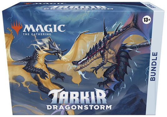 A Magic: The Gathering Tarkir Dragonstorm bundle box featuring two dragons on the front.