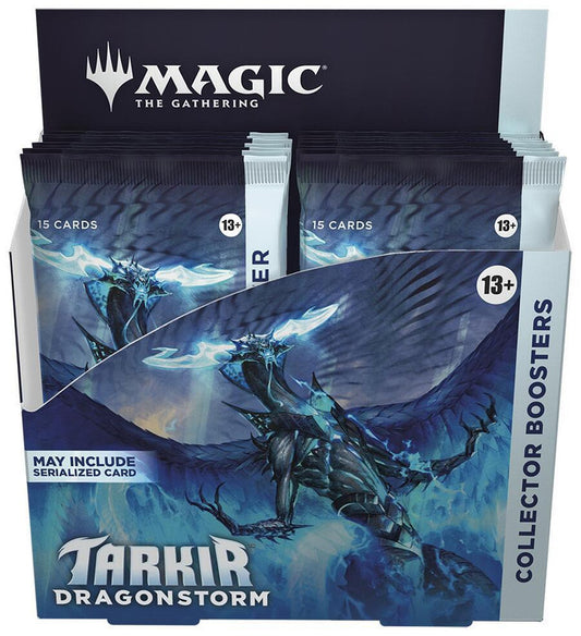 A Magic The Gathering Tarkir Dragonstorm collector booster box featuring dragon artwork.