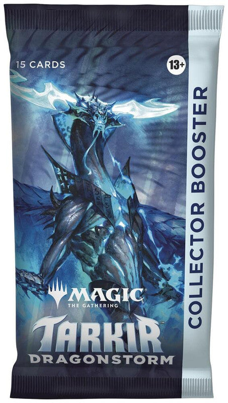 A Magic: The Gathering Tarkir Dragonstorm Collector Booster pack featuring a blue dragon illustration.