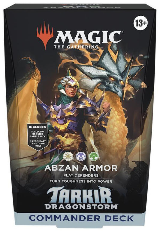 A Magic the Gathering Tarkir Dragonstorm Abzan Armor Commander deck box featuring fantasy art.