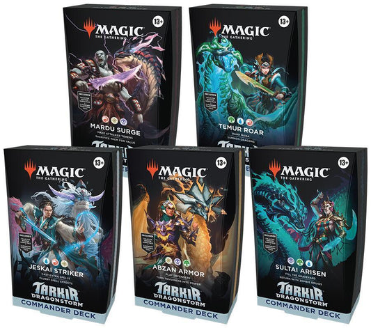 Five Magic: The Gathering Tarkir Dragonstorm Commander decks arranged in a group.