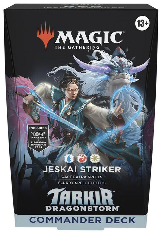 A Magic the Gathering Tarkir Dragonstorm Commander deck box featuring Jeskai Striker artwork.