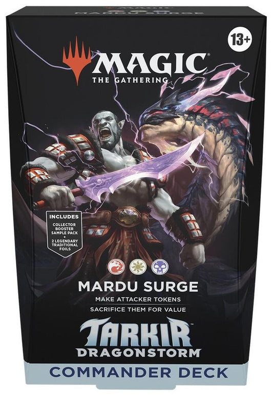 A Magic: The Gathering Tarkir Dragonstorm Commander Deck box featuring Mardu Surge artwork.