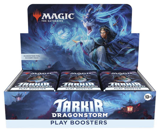 A Magic The Gathering Tarkir Dragonstorm play booster box featuring fantasy dragon artwork.