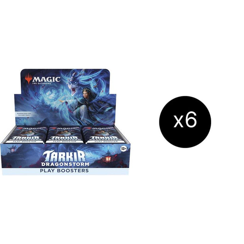 A case of six Magic the Gathering Tarkir Dragonstorm play booster boxes.