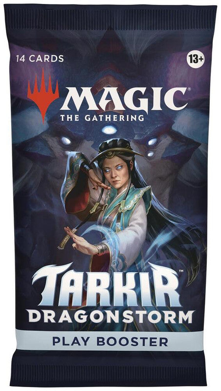A Magic: The Gathering Tarkir Dragonstorm play booster pack featuring a character illustration.
