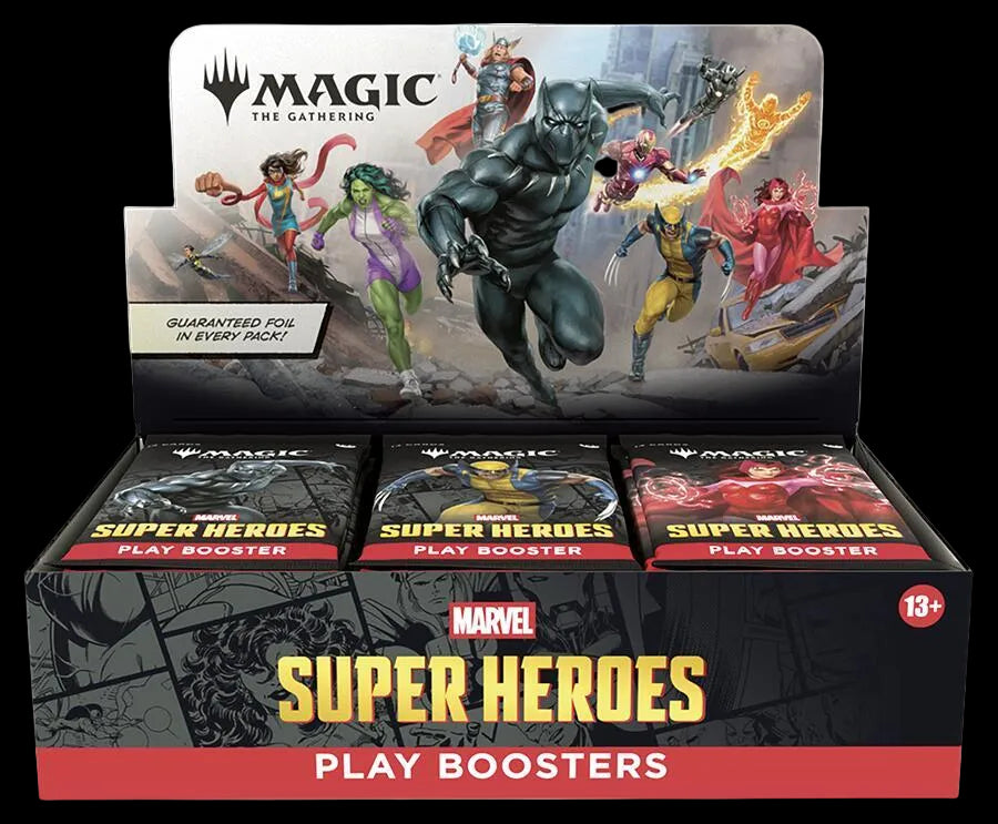 Box of Marvel Super Heroes Play Boosters featuring characters from Magic: The Gathering and Marvel.