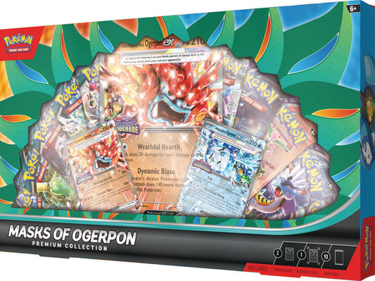 The Masks of Ogerpon Premium Collection box features Ogerpon ex cards and ten booster packs.