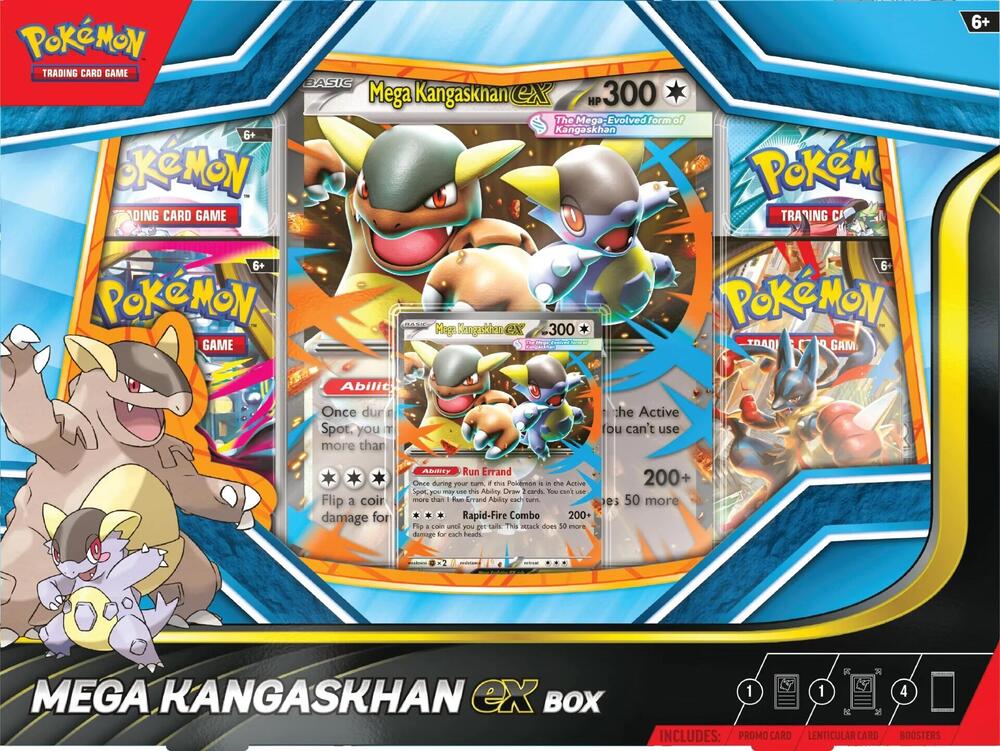 A Mega Kangaskhan ex box set containing a promo card, a lenticular card, and four booster packs.