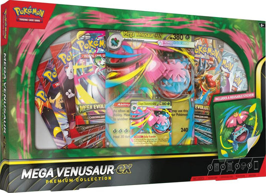 Mega Venusaur ex Premium Collection box featuring a promo card, sticker, and booster packs.
