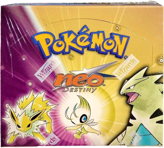 A sealed Pokemon Neo Destiny booster box featuring Jolteon, Celebi, and Tyranitar artwork.