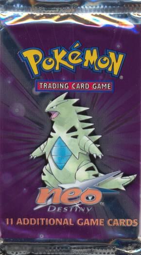 A sealed Pokemon Neo Destiny booster pack featuring Tyranitar on the purple packaging.