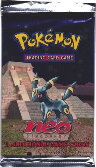 A sealed Pokemon Neo Discovery booster pack featuring Umbreon in front of a stone temple.