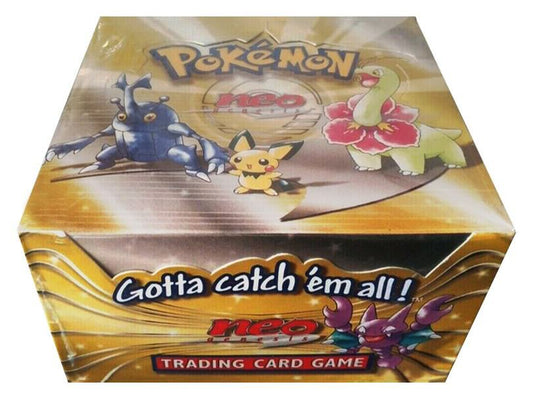 A sealed Pokemon Neo Genesis booster box featuring Heracross, Pichu, Meganium, and Gligar.