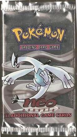 A sealed Pokemon Neo Genesis booster pack featuring Lugia on the front.