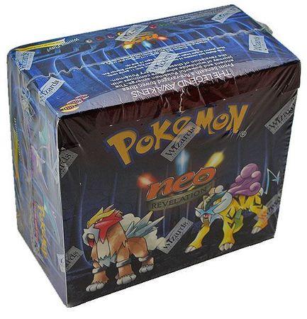 A sealed Pokemon Neo Revelation booster box featuring Entei and Raikou on the packaging.