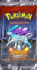 A sealed Pokemon Neo Revelation booster pack featuring Suicune on the front.