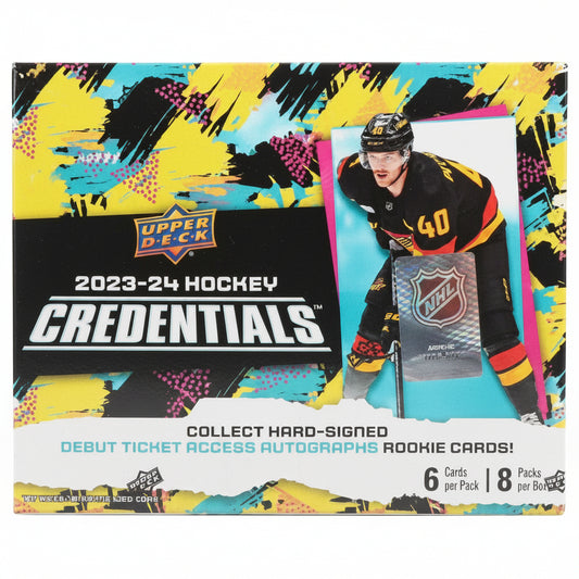 A 2023-24 Upper Deck Credentials hockey hobby box featuring a player on the front.