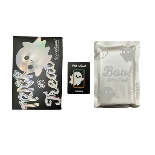 A Graded Guard Trick or Treat pack featuring a box, a small card, and a silver foil pouch.