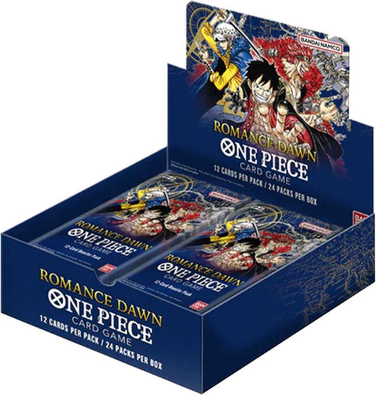 A sealed One Piece Romance Dawn booster box containing twenty-four packs of trading cards.