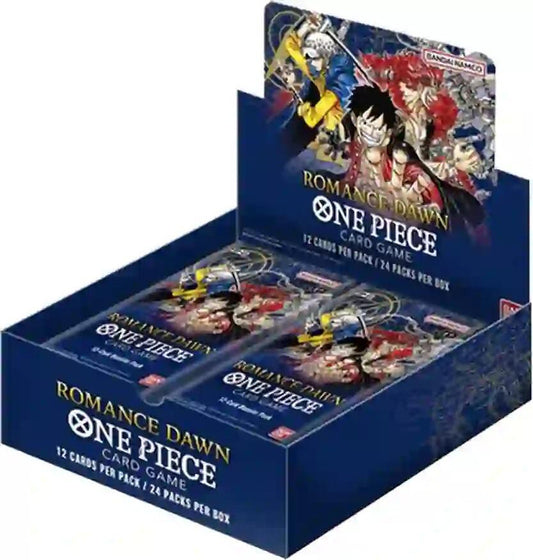 A One Piece Romance Dawn booster box containing twenty-four packs of trading cards.
