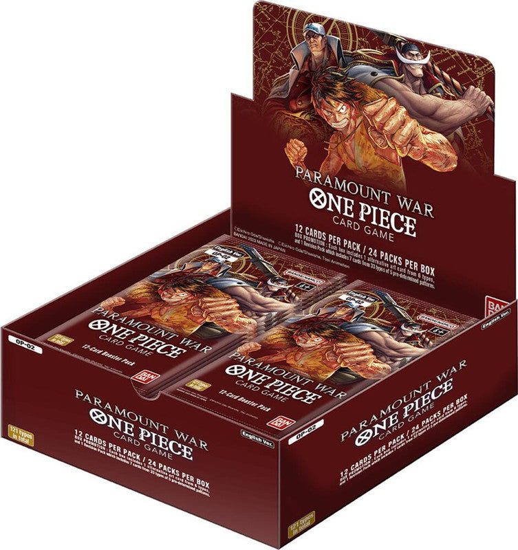 A One Piece Paramount War booster box containing twenty-four packs of trading cards.