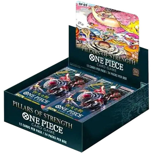 A One Piece Pillars of Strength booster box containing twenty-four packs of trading cards.