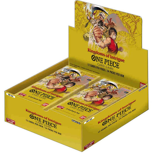 A One Piece Kingdoms of Intrigue booster box containing twenty-four packs of trading cards.