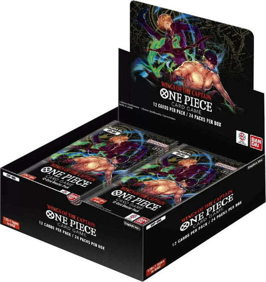 A One Piece Wings of the Captain booster box containing twenty-four card packs.