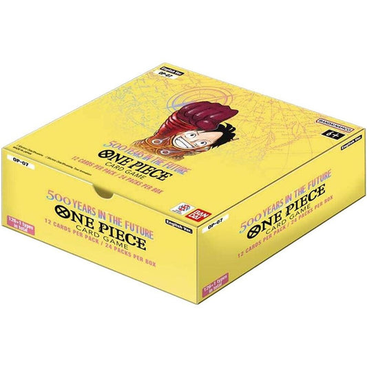 A yellow One Piece 500 Years In The Future booster box featuring Luffy on the lid.
