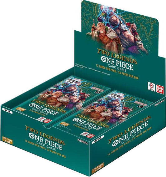 A One Piece Two Legends booster box containing twenty-four packs of trading cards.