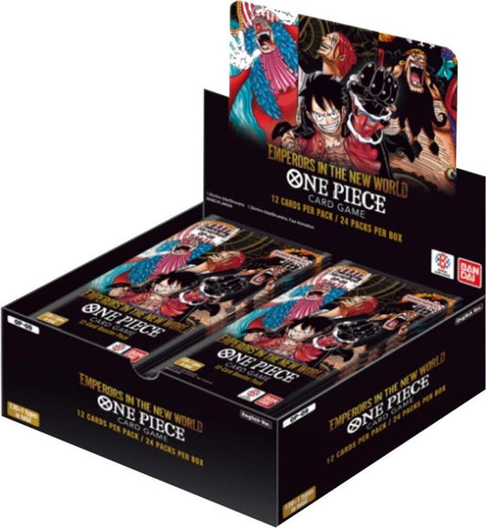 A One Piece Emperors of the New World booster box containing twenty-four card packs.