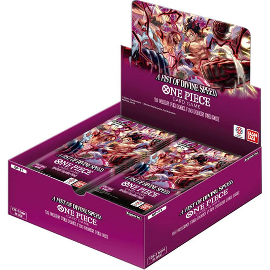 A One Piece A Fist Of Divine Speed booster box containing twenty-four packs of trading cards.
