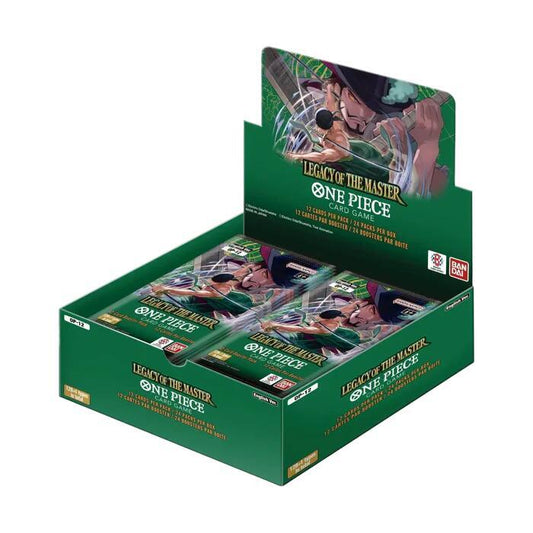 A One Piece Legacy of the Master booster box featuring Dracule Mihawk on the packaging.
