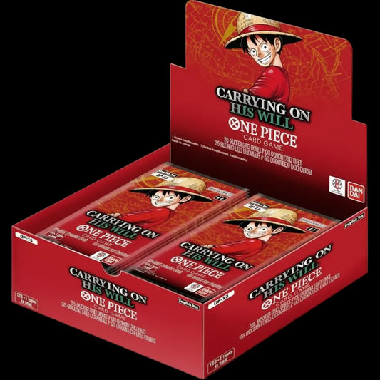 A One Piece Carrying On His Will booster box featuring Luffy on the packaging.